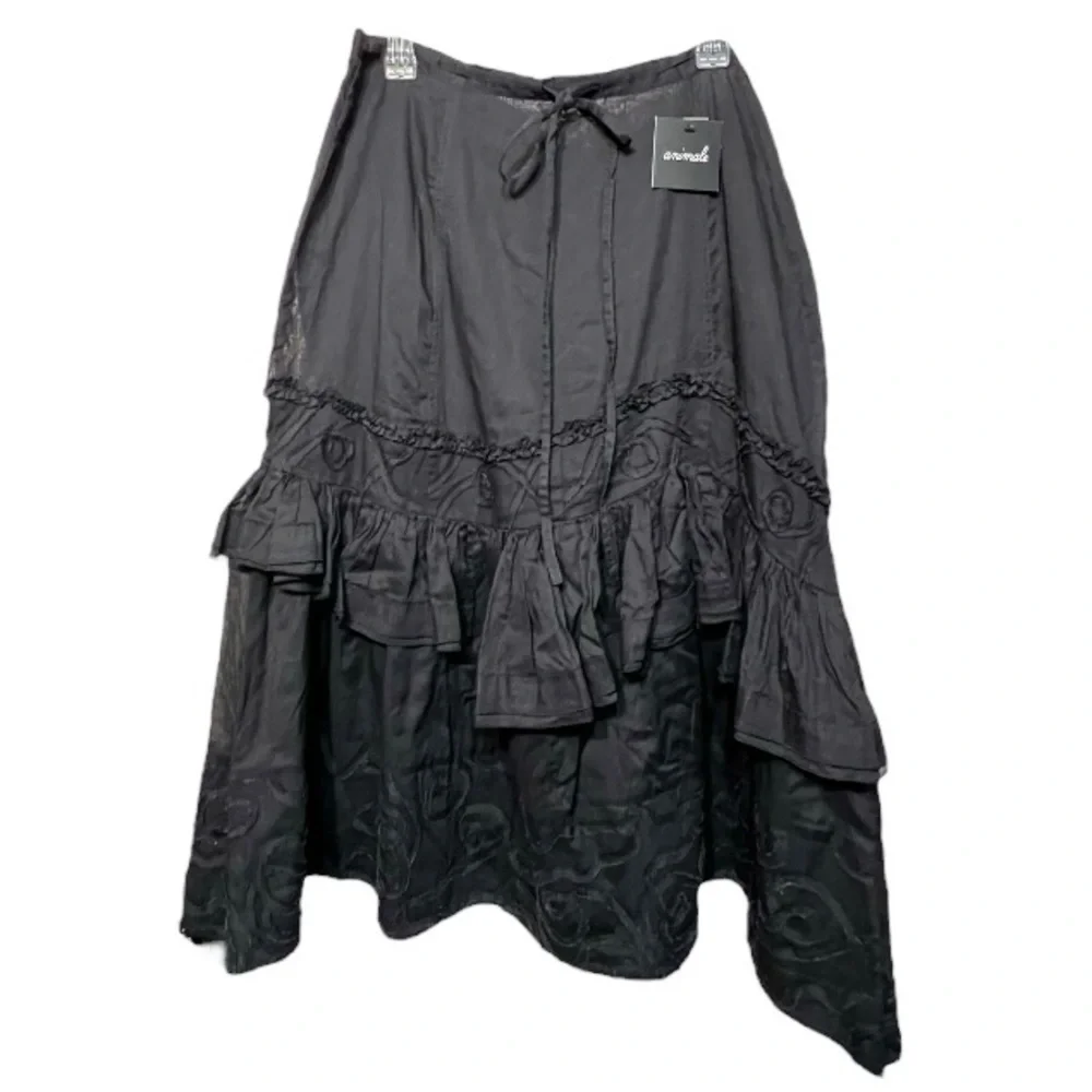 Animale by Jacques Ruc Black Full Midi Skirt Lagenlook Tiered Ruffle Embroidery - Picture 1 of 10